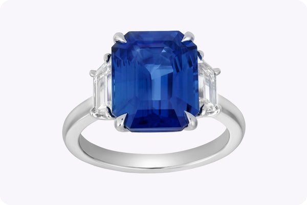 6.39 Carat Emerald-Cut No-Heat Sapphire & Diamond Three-Stone Engagement Ring in Platinum