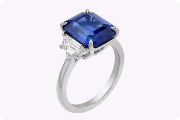 6.39 Carat Emerald-Cut No-Heat Sapphire & Diamond Three-Stone Engagement Ring in Platinum