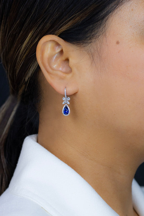 2.56 Carats Total Pear Shape Sapphire with Mixed Cut Diamond Dangle Earrings in White Gold