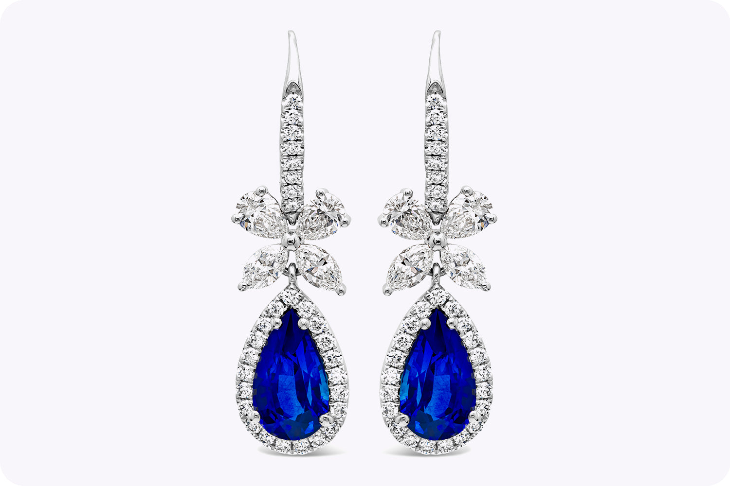 2.56 Carats Total Pear Shape Sapphire with Mixed Cut Diamond Dangle Earrings in White Gold