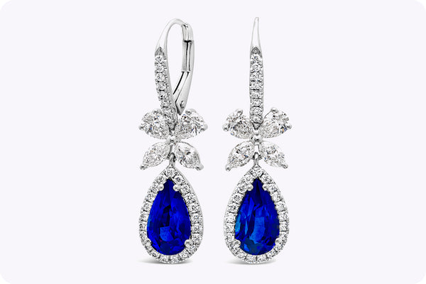 2.56 Carats Total Pear Shape Sapphire with Mixed Cut Diamond Dangle Earrings in White Gold