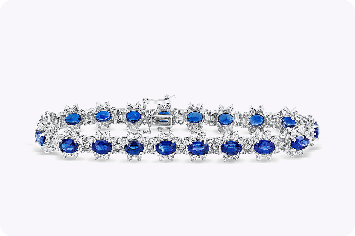 12.45 Carat Oval Cut Blue Sapphire with Diamond Flower Bracelet in White Gold