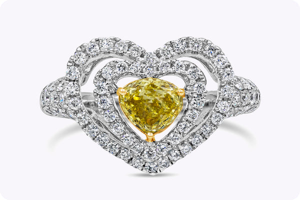 0.58 Carat Yellow Diamond & Heart Shape Double Halo Engagement Ring in White Gold