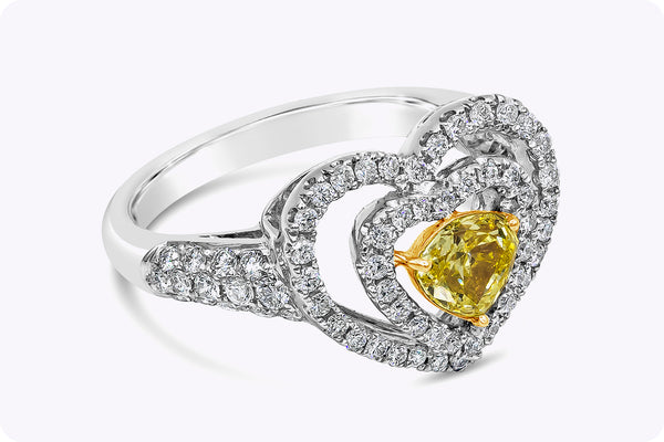 0.58 Carat Yellow Diamond & Heart Shape Double Halo Engagement Ring in White Gold