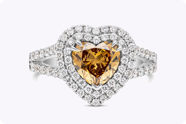 GIA Certified 1.45 Carats Heart Shape Dark Brown Yellow Diamond Halo Engagement Ring in White Gold