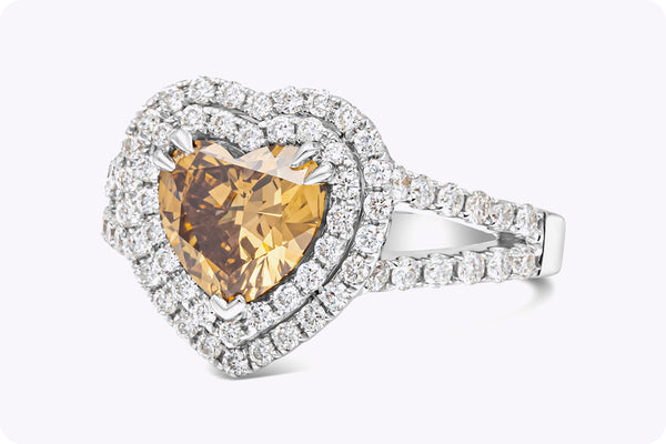 GIA Certified 1.45 Carats Heart Shape Dark Brown Yellow Diamond Halo Engagement Ring in White Gold