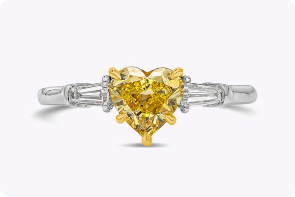 GIA Certified 1.01 Carats Heart Shape Yellow Diamond Three-Stone Engagement Ring in Platinum