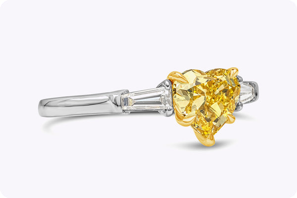 GIA Certified 1.01 Carats Heart Shape Yellow Diamond Three-Stone Engagement Ring in Platinum