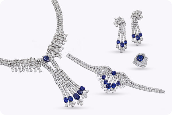 Important Sapphire & Diamond Jewelry Set in White Gold – Necklace, Bracelet, Earrings & Cocktail Ring