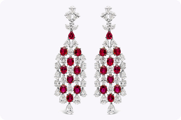 18.10 Carats Total Mixed Cut Ruby & Diamond Chandelier Earrings in White Gold