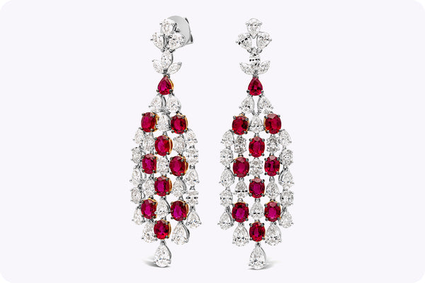 18.10 Carats Total Mixed Cut Ruby & Diamond Chandelier Earrings in White Gold