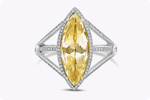 3.58 Carats Rose Cut Marquise Yellowish Diamond Halo Engagement Ring in Two-Tone