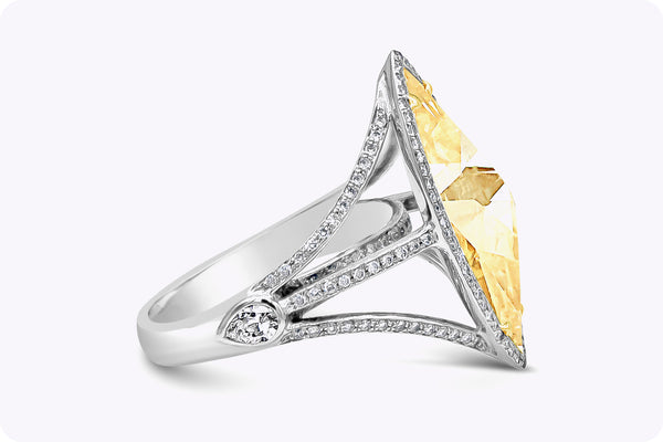 3.58 Carats Rose Cut Marquise Yellowish Diamond Halo Engagement Ring in Two-Tone