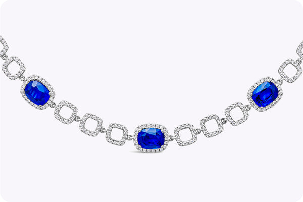 7.98 Carats Total Cushion Cut Sapphire & Diamond Necklace in White Gold