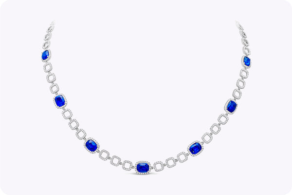 7.98 Carats Total Cushion Cut Sapphire & Diamond Necklace in White Gold