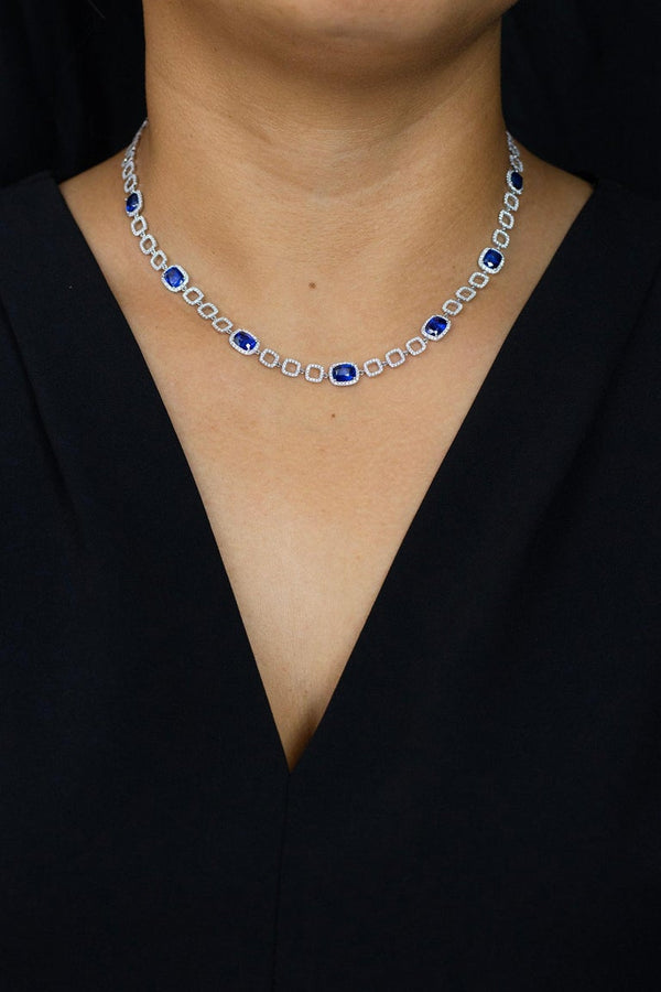 11.10 Carats Total Cushion Cut Sapphire & Round Diamond Necklace in White Gold