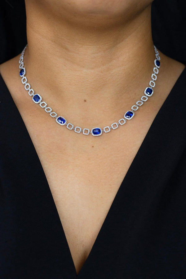 11.10 Carats Total Cushion Cut Sapphire & Round Diamond Necklace in White Gold