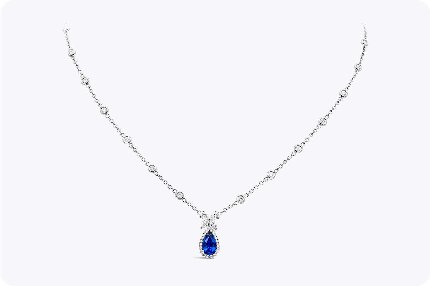 2.98 Carats Total Pear Shape Sapphire & Mixed-Cut Diamond Pendant Necklace in White Gold