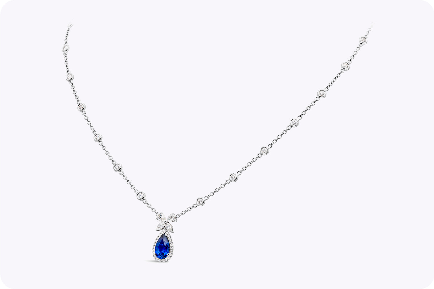 2.98 Carats Total Pear Shape Sapphire & Mixed-Cut Diamond Pendant Necklace in White Gold