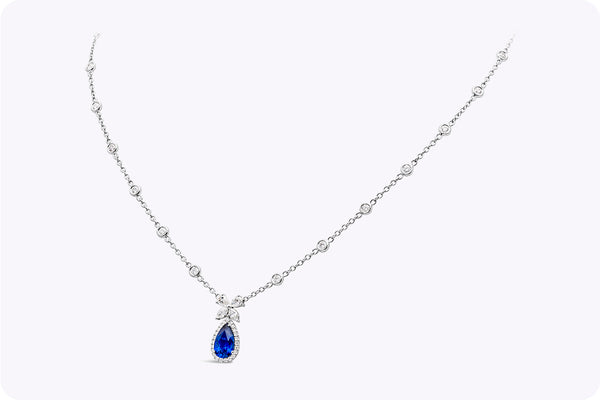 2.98 Carats Total Pear Shape Sapphire & Mixed-Cut Diamond Pendant Necklace in White Gold