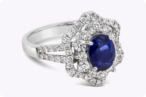 1.75 Carat Oval Cut Sapphire and Diamond Halo Engagement Ring in White Gold