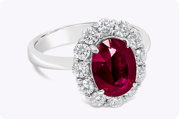 GIA Certified 3.00 Carats Oval Cut Burmese Ruby & Diamond Halo Engagement Ring in White Gold