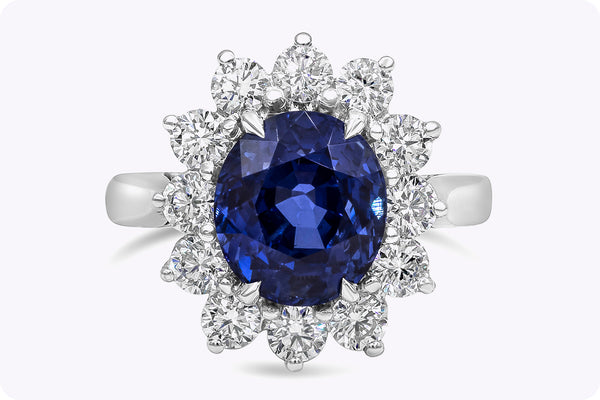 GIA Certified 5.00 Carats Oval Cut No-Heat Sapphire & Diamond Halo Engagement Ring in Platinum