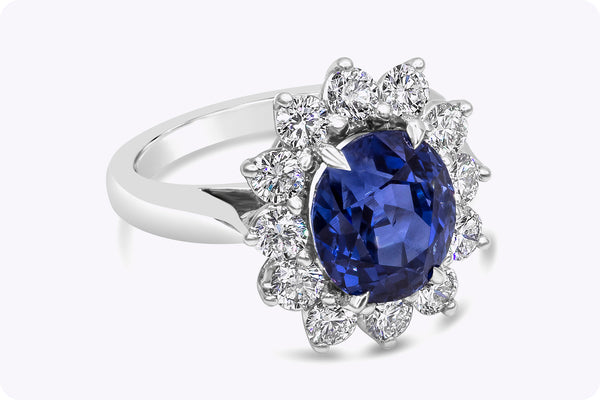 GIA Certified 5.00 Carats Oval Cut No-Heat Sapphire & Diamond Halo Engagement Ring in Platinum