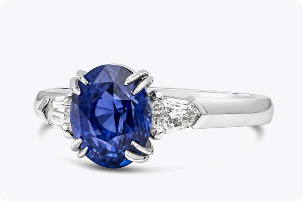 GIA Certified 2.38 Carats No-Heat Blue Sapphire & Diamond Three-Stone Engagement Ring in Platinum