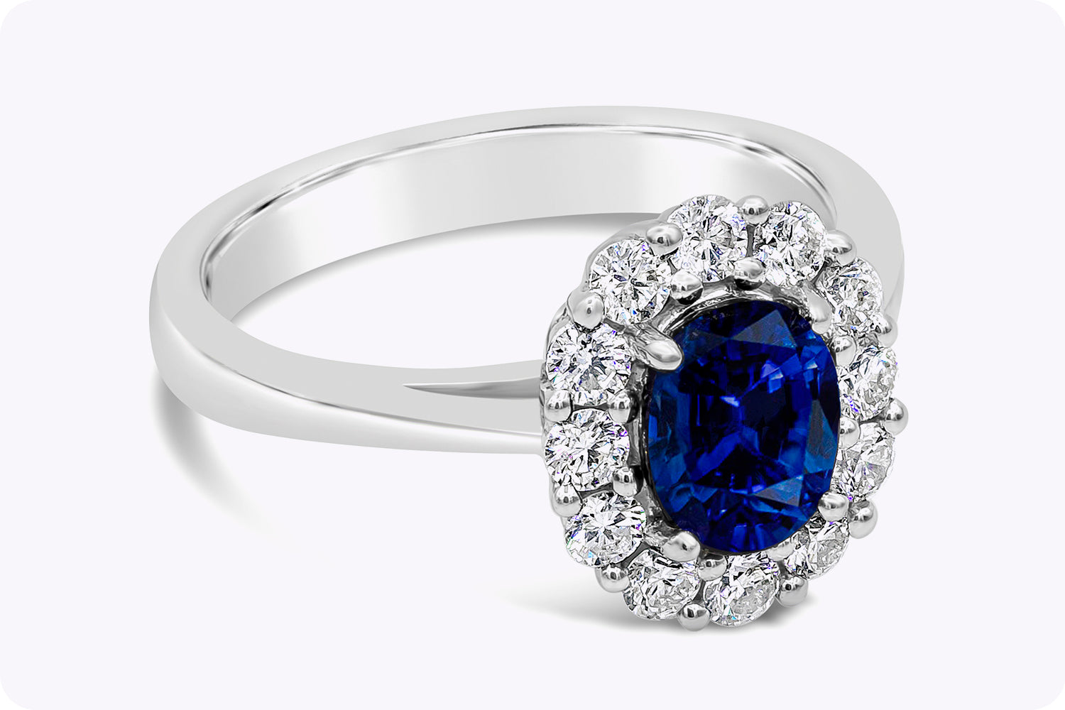 1.60 Carats Oval Cut Blue Sapphire & Diamond Halo Engagement Ring in White Gold