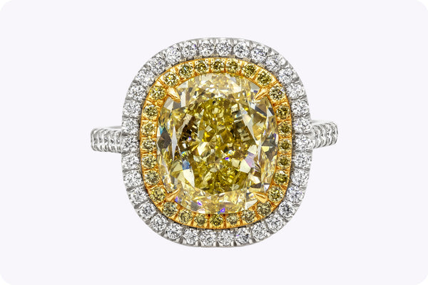 GIA Certified 7.06 Carats Oval Cut Yellow Diamond Double Halo Engagement Ring in Two-Tone Gold