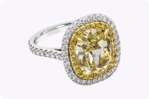 GIA Certified 7.06 Carats Oval Cut Yellow Diamond Double Halo Engagement Ring in Two-Tone Gold