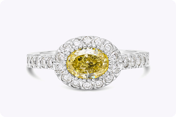 GIA Certified 1.03 Carats Oval Cut Yellow Diamond Halo Engagement Ring in Platinum