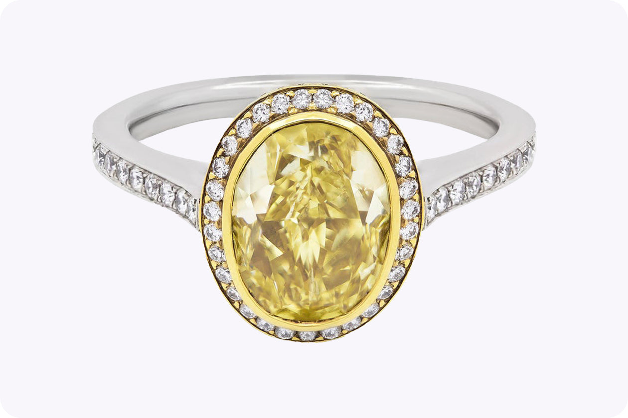 GIA Certified 4.00 Carats Oval Cut Yellow Diamond Halo Engagement Ring in Yellow Gold & Platinum