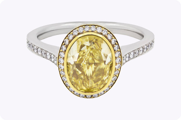 GIA Certified 4.00 Carats Oval Cut Yellow Diamond Halo Engagement Ring in Yellow Gold & Platinum