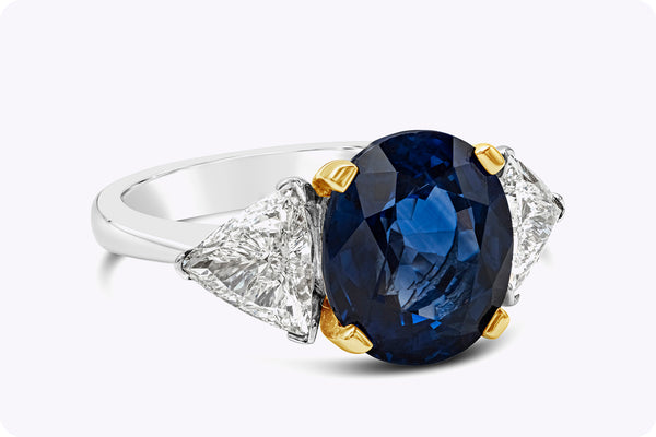 GIA Certified 5.28 Carats Oval Cut Blue Sapphire & Diamond Three-Stone Engagement Ring in Yellow Gold & Platinum