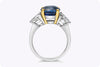 GIA Certified 5.28 Carats Oval Cut Blue Sapphire & Diamond Three-Stone Engagement Ring in Yellow Gold & Platinum