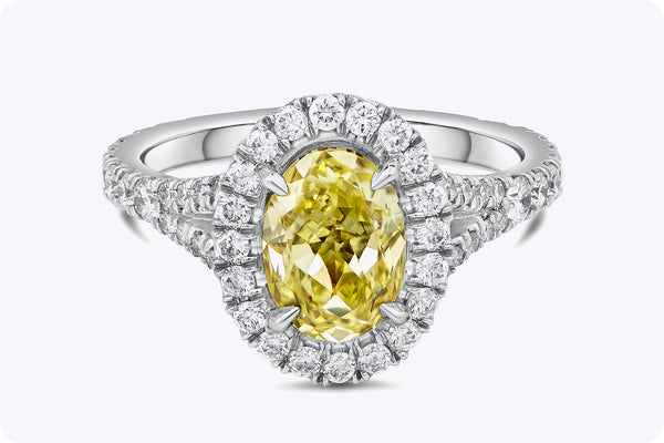 GIA Certified 1.69 Carats Oval Cut Yellow Diamond Halo Engagement Ring in White Gold & Platinum