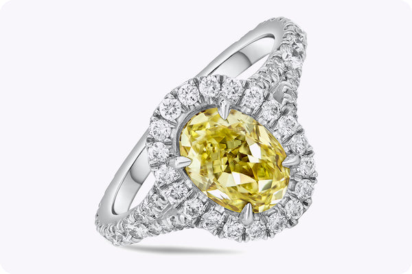 GIA Certified 1.69 Carats Oval Cut Yellow Diamond Halo Engagement Ring in White Gold & Platinum