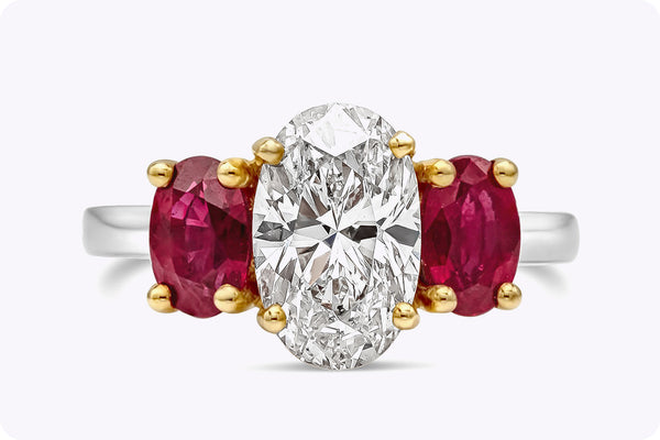 1.81 Carats Elongated Oval Cut Diamond & Ruby Three-Stone Engagement Ring in Two-Tone