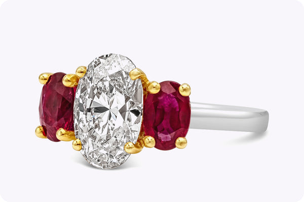 1.81 Carats Elongated Oval Cut Diamond & Ruby Three-Stone Engagement Ring in Two-Tone