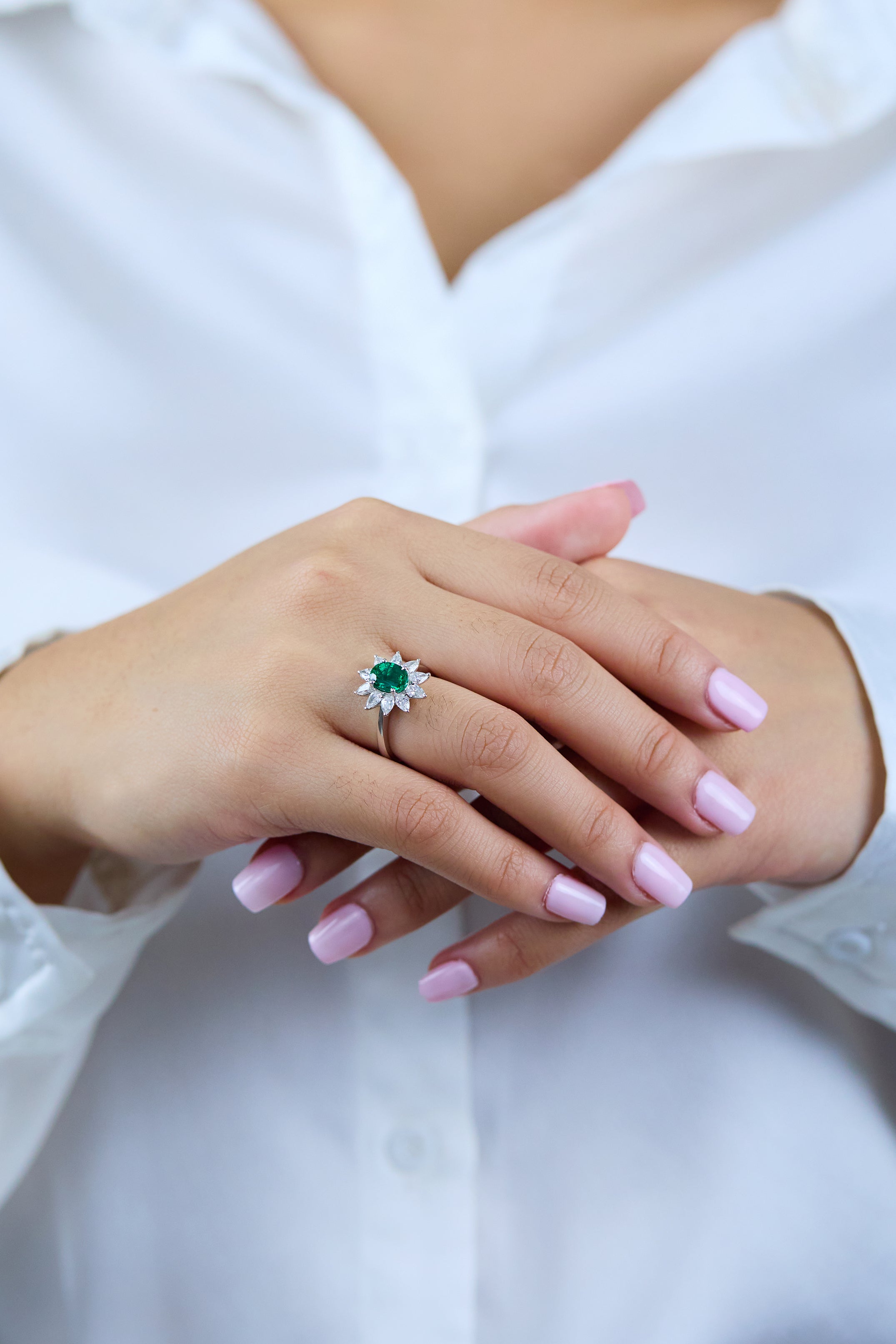 1.48 Carat Oval Cut Emerald & Diamond Halo Floral Engagement Ring in White Gold