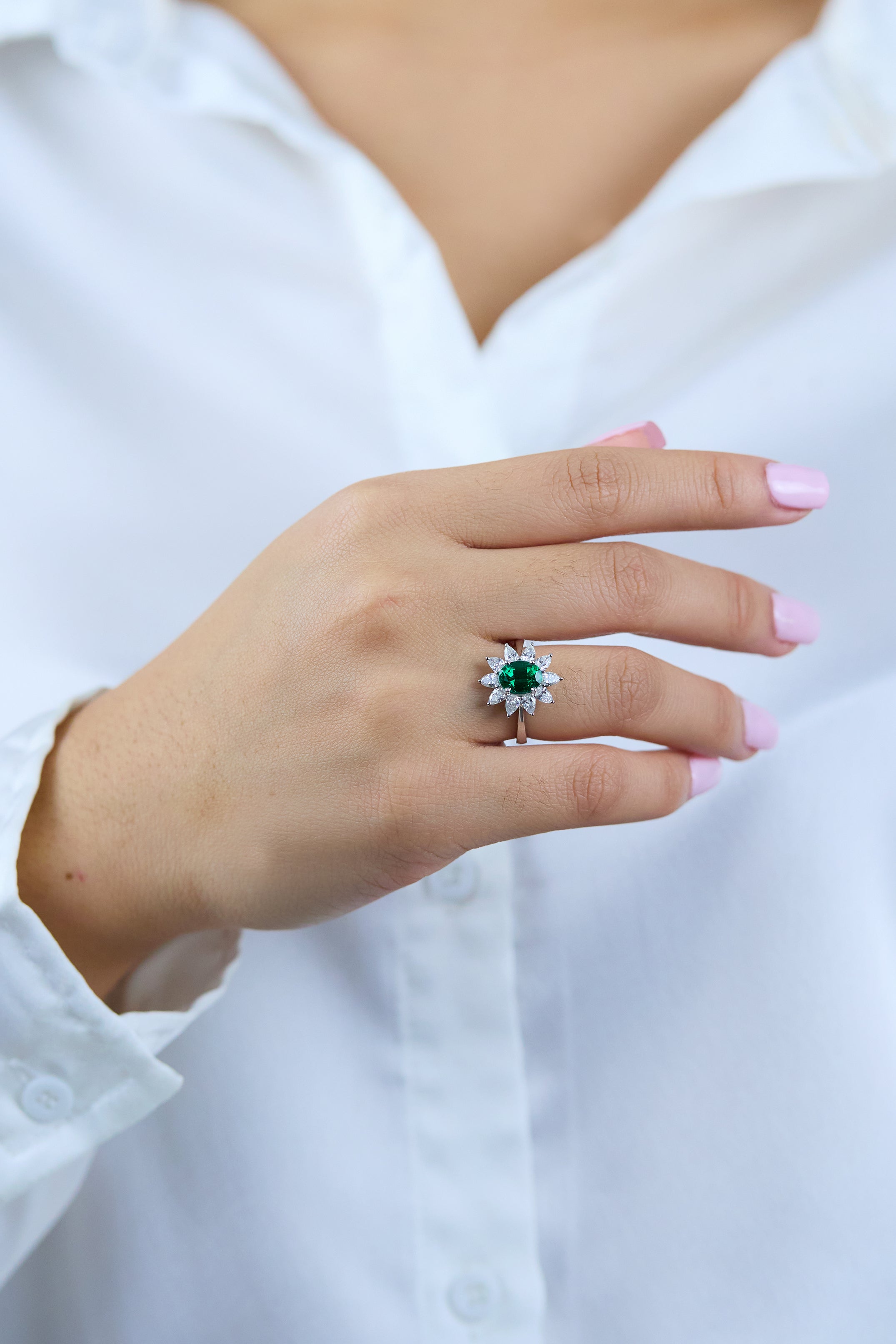 1.48 Carat Oval Cut Emerald & Diamond Halo Floral Engagement Ring in White Gold