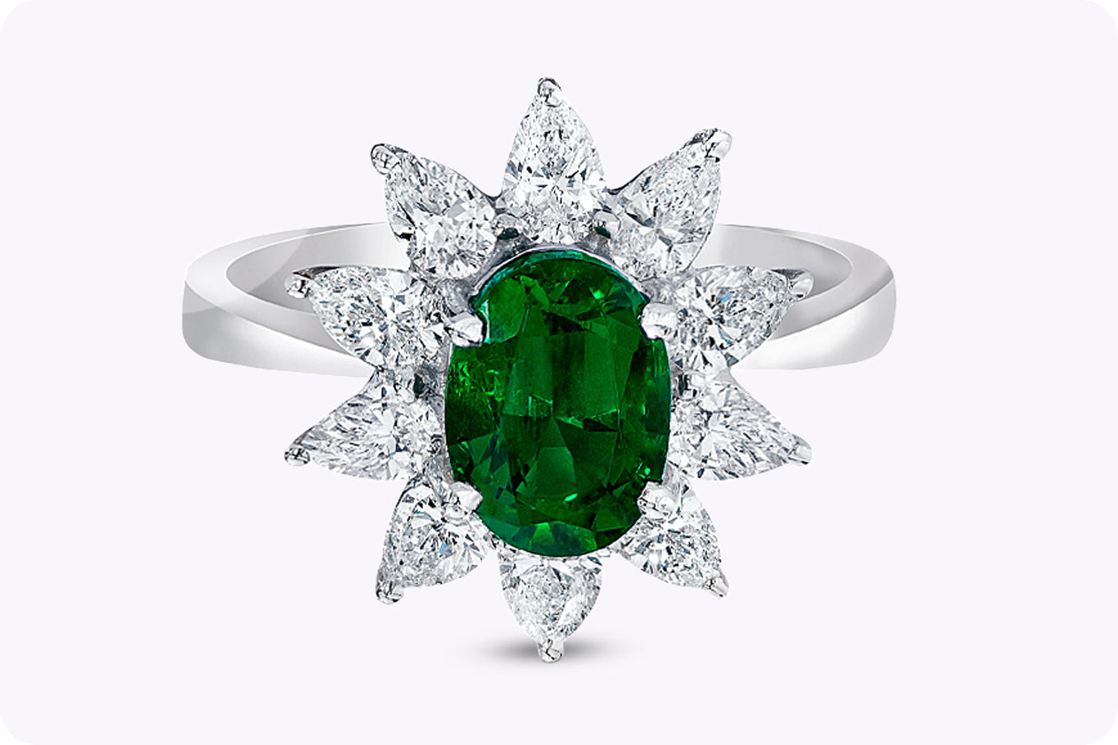 1.48 Carat Oval Cut Emerald & Diamond Halo Floral Engagement Ring in White Gold