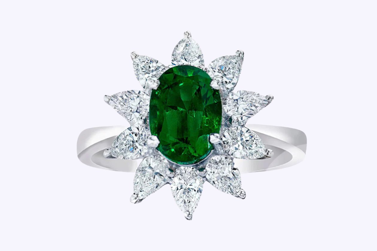 1.48 Carat Oval Cut Emerald & Diamond Halo Floral Engagement Ring in White Gold