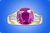 4.95 Carat Oval Cut Natural No Heat Purple Pink Sapphire Three Stone Engagement Ring in Yellow Gold