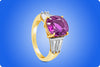 4.95 Carat Oval Cut Natural No Heat Purple Pink Sapphire Three Stone Engagement Ring in Yellow Gold