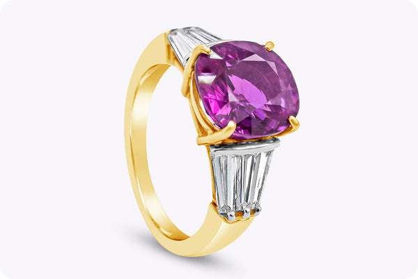 4.95 Carats Oval Cut Purple Pink Sapphire Three-Stone Engagement Ring in Yellow Gold & Platinum