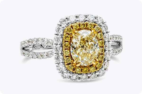 GIA Certified 1.17 Carats Oval Cut Yellow Diamond Double Halo Engagement Ring in Yellow Gold & White Gold