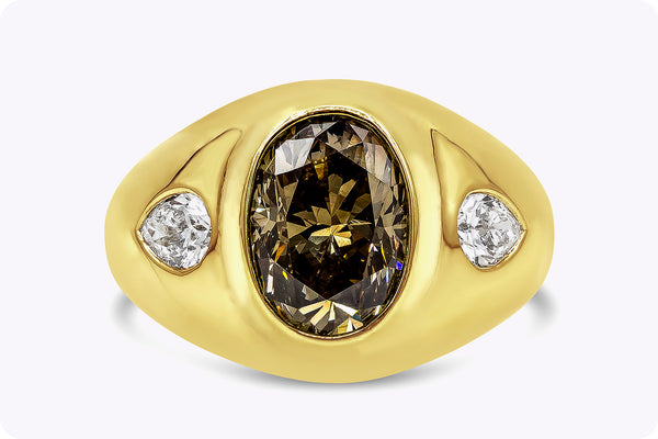 GIA Certified 3.01 Carats Oval Cut Fancy Brown Diamond Gypsy Fashion Ring in Yellow Gold